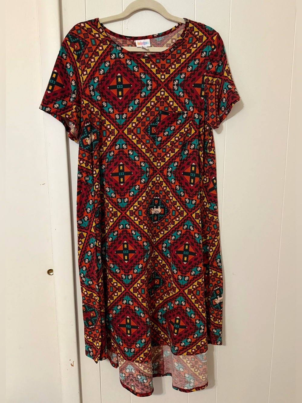 LuLaRoe Red Geometric Midi Dress with Teal and Yellow Accents